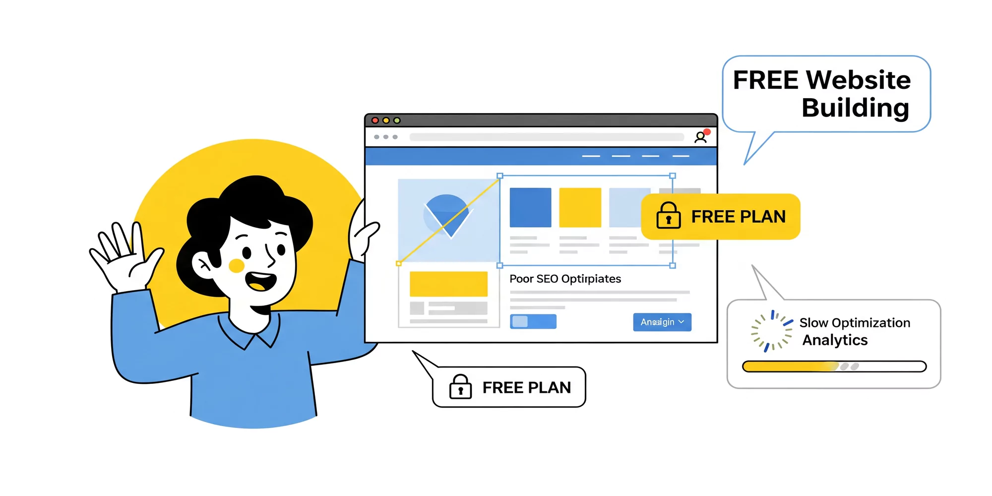 משתמש מתוסכל מנסה לבנות אתר בחינם עם מגבלות עיצוב ופרסומות קופצות, מדגיש את החסרונות של פתרונות חינמיים.